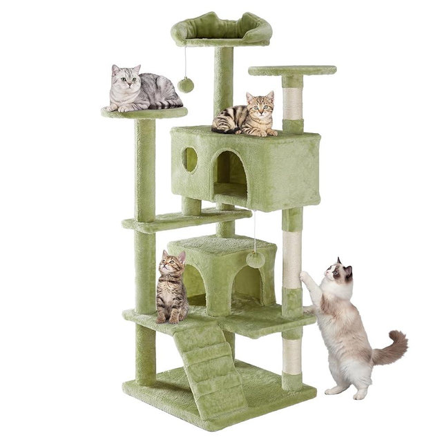 Sweetcrispy 54 Inch Cat Tree Tower, Multi-Level with Cat Scratching Post, Indoor Cat Condo with Climbing Ladder, Plush Toy, Play House for Cat, Green