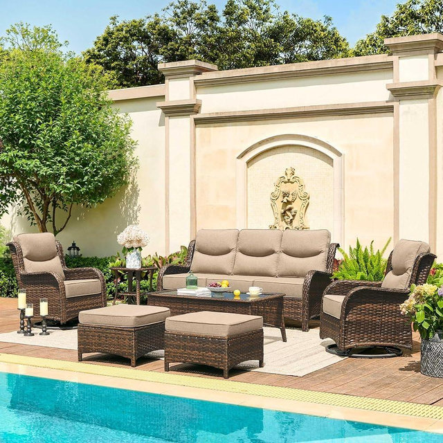 HILLGA Luxury Outdoor Patio Furniture Set with 6-Inch Thick Cushions, High Back Wicker Swivel Rocker Chairs, 7 Pcs All Weather Conversation Set for Large Deck, Yard and Poolside, Beige (V3)