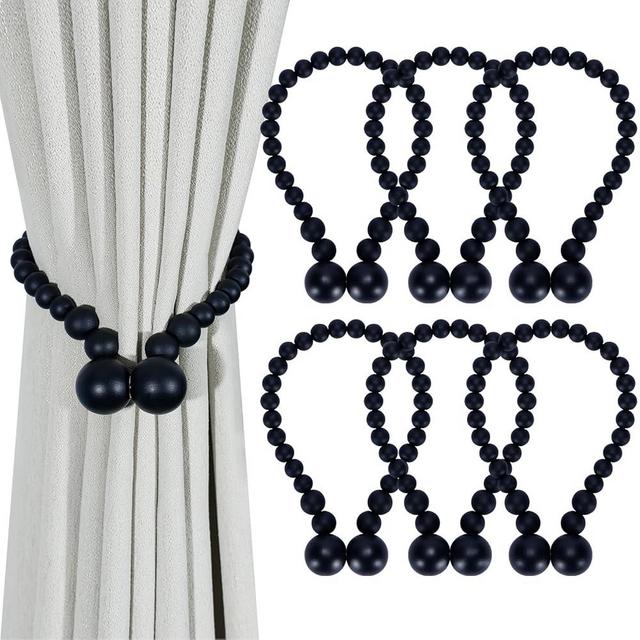 KLOGTSIND Magnetic Curtain Tiebacks, Curtain Tie Backs for Curtains 6 Pack, Wood Bead Curtain Tiebacks, Curtain Holders for Boho Bedroom Decor, Baby Nursery Decor, Farmhouse Decor