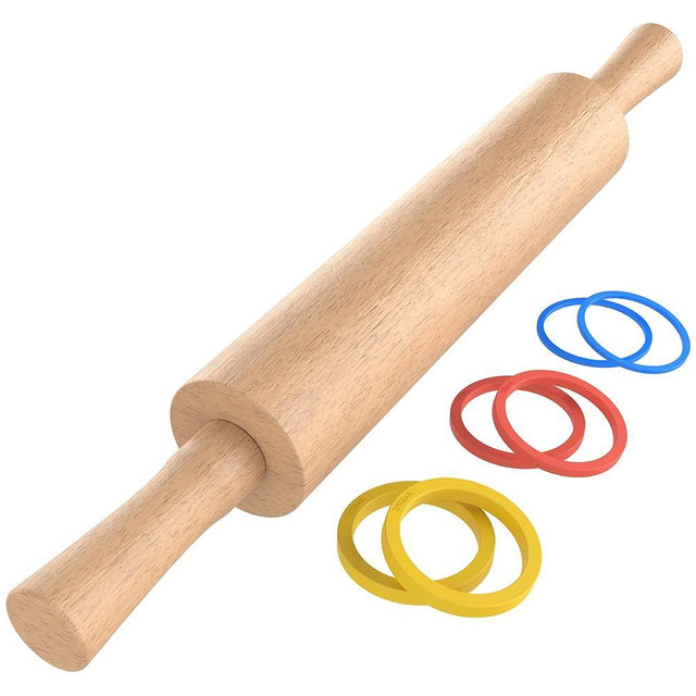 Mepple Classic Wooden Rolling Pin with Handle for Fondant, Pizza, Pies, Cookies, Pastries, Rolling Pin for Baking with 3 Multi-Color Thickness Rings, 17" x 2.5" Natural Beechwood Rolling Pin