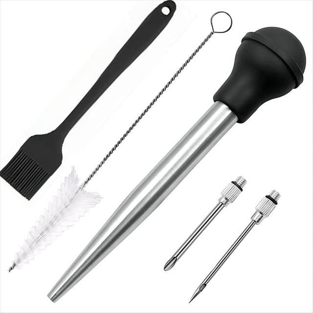 Viwehots Turkey Baster, Baster for Cooking, Stainless Steel Turkey Baster Syringe, Baster Turkey Large Silicone Bulb with 2 Marinade Injector Needles and 2 Brush for Cooking Easy Clean Color Black
