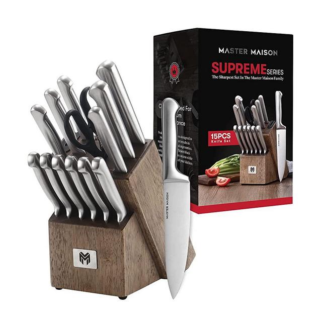 Master Maison 15-Piece Premium Kitchen Knife Set With Wooden Storage Block | German Stainless Steel Knife Block With 6 Steak Knives, Sharpener & All-Purpose Household Shears, Silver