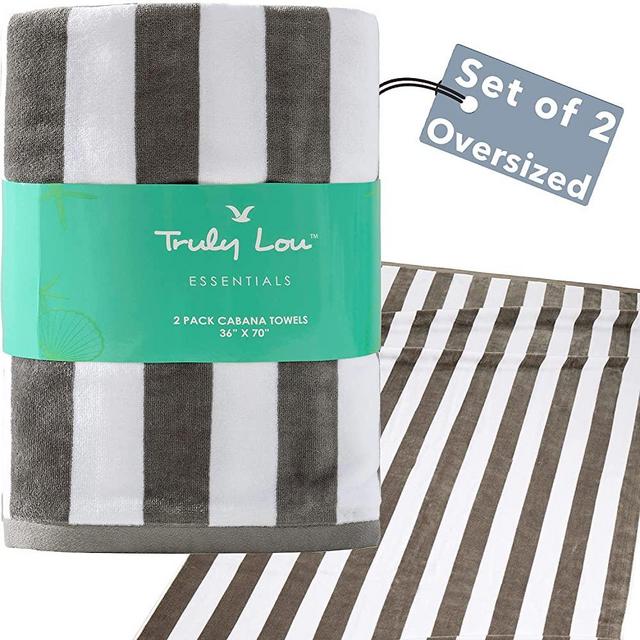 Truly Lou Oversized Plush Cabana Beach Towel | Set of 2 Oversized Beach Towels (36x70) | Luxurious 100% Soft USA Cotton | Cabana Stripe with Velour Weave | Perfect for The Beach & Pool (Grey/White)