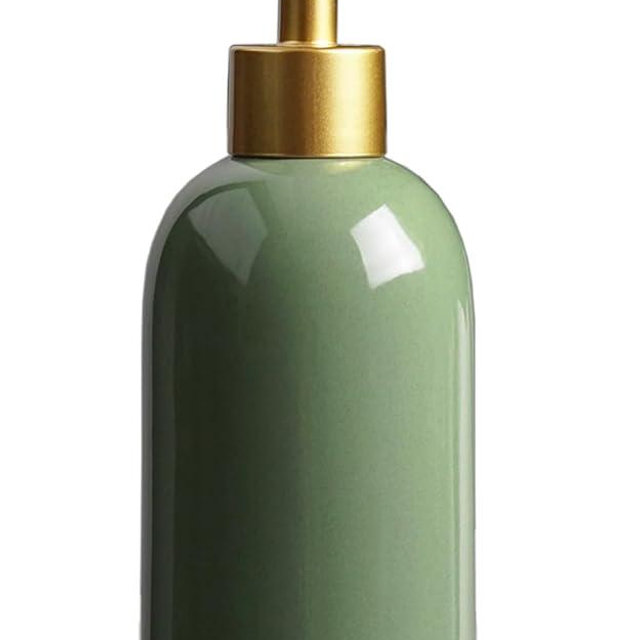 Ceramic Soap Dispenser Green with Gold Pump,Simple Design Cylindrical Lotion Dispenser Bottle,Refillable Liquid Hand Soap Dispenser for Kitchen,Bathroom,Washroom