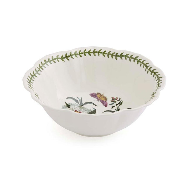 Portmeirion Botanic Garden Lotus Salad Bowl - Flower Shape, Scalloped Rim, Floral Spanish Gum Design with Butterflies - 10.5" Porcelain Dish, Laurel Leaf Border - Oven, Microwave, Dishwasher Safe