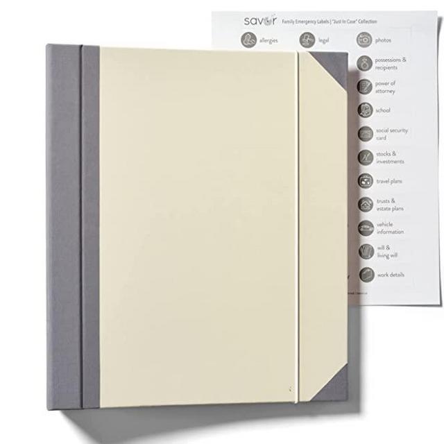 Savor Family Emergency or Babysitter Life Binder | Slate - custom-dyed book cloth, acid-free paper, fits documents in range of sizes, includes over 33 hand-illustrated labels to organize key documents