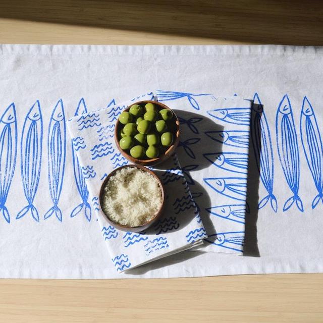 72 inch hand block printed table runner. sardines on white.