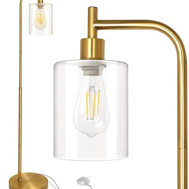 Industrial Gold Floor Lamp with E26 Light Bulb & Hanging Clear Glass Shade, Modern Standing Lamp Brass Metal Tall Pole Floor Lighting for Bedroom Living Room Reading Office Farmhouse (Foot Switch)