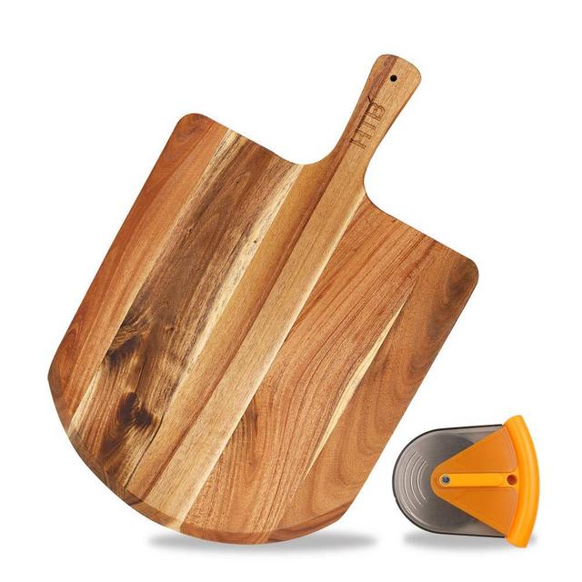 Acacia Wood Pizza Peel With Cutter, 19 x 12 Inch Paddle Board Great for Homemade Pizza, Cheese and Charcuterie