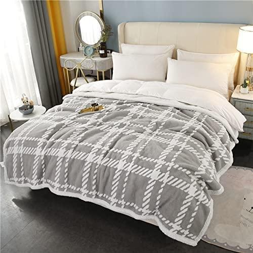PU MEI Sherpa Fleece Blanket Reversible Plush Fluffy Lattice Flannel Blankets for Sofa Couch Bed (Grey, 80"*90")