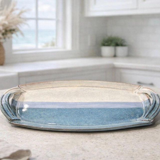 Large Handbuilt Ceramic Sapphire Sky Serving Platter | 14.5” x 7” | Handmade Stoneware with Handles