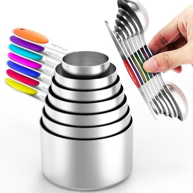 TILUCK measuring cups and magnetic measuring spoons set, stainless steel measuring cups, 6 double-sided stainless steel measuring spoons & 1 leveler(7+7)