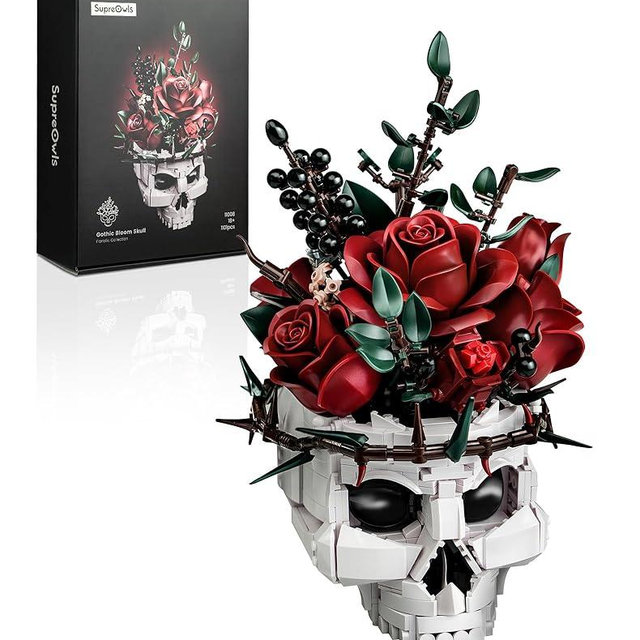 Skull Rose Bouquet Building Set, Compatible with Lego Flowers for Adult - Halloween Gothic Horror Skeleton Plant Pot Home Decor - Artificial Flower Botanical Collection Gifts, IA11008