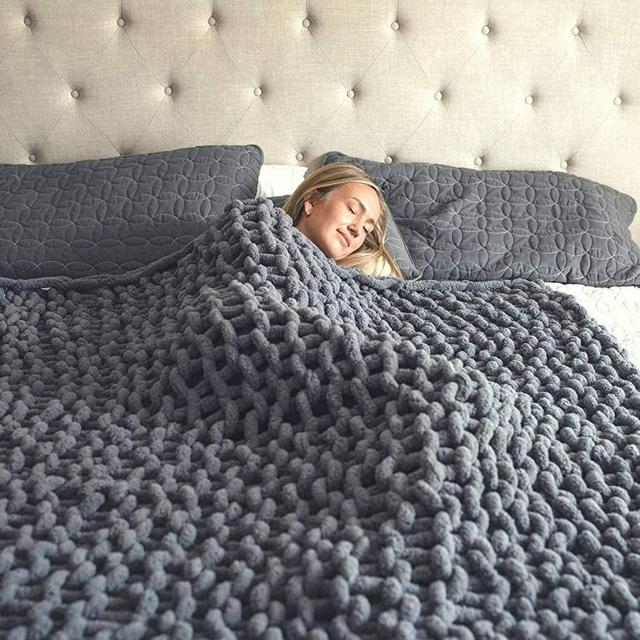 Chunky Knit Blanket for Couch or Bed (50" L x 60" W), Oversized, Soft, Fluffy, Thick, Cozy, Comfy Chenille Yarn Sofa Throw, Machine Washable, Laundry Bag Included
