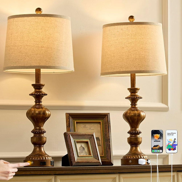 SAIWEYA 27.5" Farmhouse Table Lamps Set of 2 Bedside Nightstand Lamp with USB C+A Ports & AC Outlet, 3 Way Dimmable Touch Lamps for Bedroom Living Room Office Hallway Rustic Traditional Lamp (Copper)