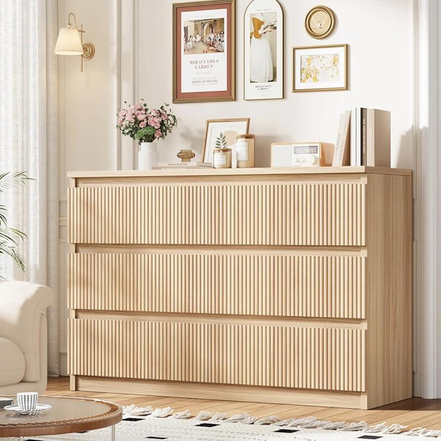 Jocoevol Oak 6 Drawer Dresser for Bedroom, Modern Fluted Dresser, Bedroom Dressers with Drawers, Large Double Wooden Chest of Drawers for Living Room, Hallway