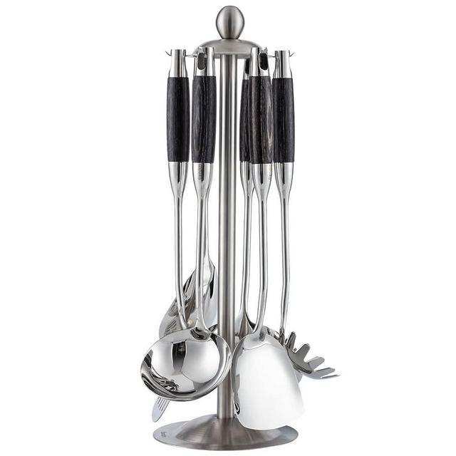 304 Stainless Steel Kitchen Utensils Set with Wood Handle - Metal Cooking Utensils with Countertop Rotating Holder Stand, Spatula, Ladle, Skimmer, Slotted Spatula Tunner, Pasta Spoon, Large Spoon
