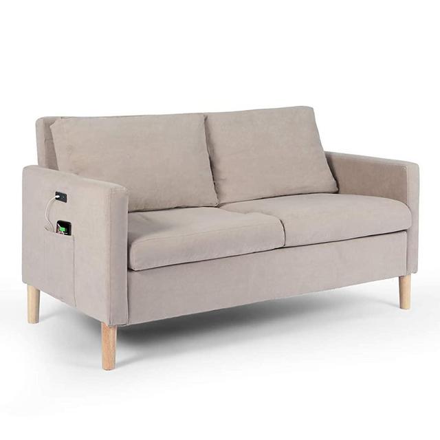 Modern Fabric Loveseat Sofa with 2 USB Charging Ports, Suitable for Small Space Couch, Bedroom Living Room Small Apartment Sofa, Light Gray