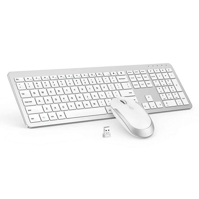 Wireless Keyboard and Mouse Combo - Full Size Slim Thin Wireless Keyboard Mouse with Numeric Keypad with On/Off Switch on Both Keyboard and Mouse - White & Silver