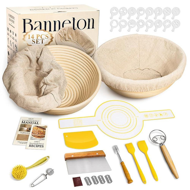 BAVIFY 9 Inch Round Banneton Bread Proofing Basket Sourdough Starter Kit, Sourdough Bread Baking Supplies with Bread Lame, Sling, Spatula, Scraper, Dough Whisk