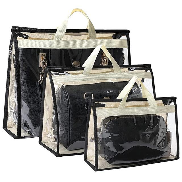 Handbag Storage Handbag Organizer 3 Pack Dust Cover Bag Transparent Anti-dust Purse Storage Bag for Hanging Closet with Zipper and Handle (Beige)1