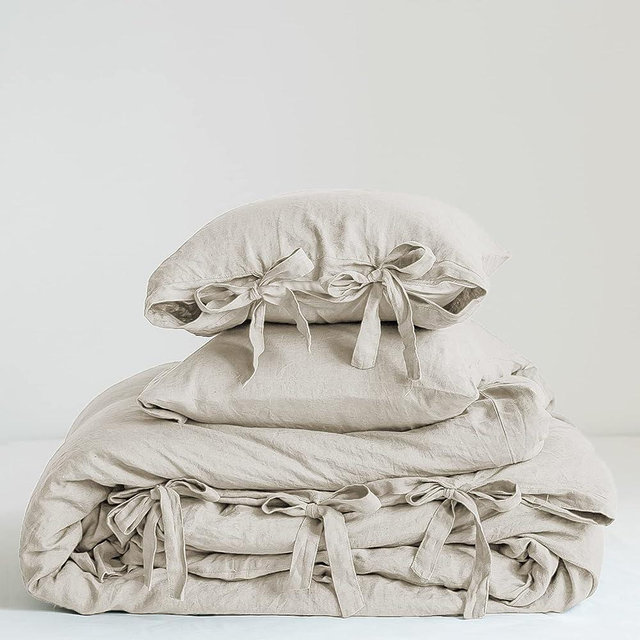 Simple&Opulence 100% Linen Duvet Cover Set, 3 Piece Belgian Flax Breathable Bedding, Queen Size 88''x92'' (1 Comforter Cover+2 Pillowshams) with Tie Closure Style, Natural Linen