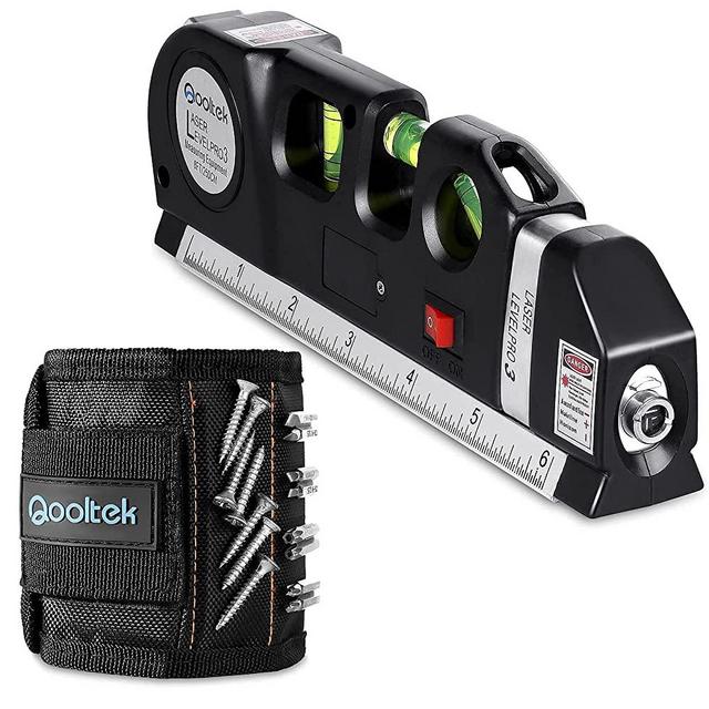 Qooltek Multipurpose Laser Level Laser Line 8 feet Measure Tape with Tools Belt Magnetic Wristbandfor Holding Screws