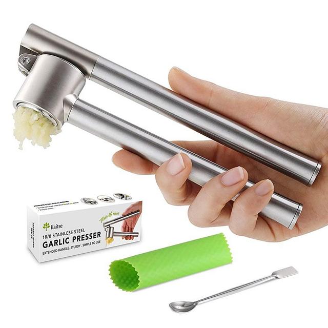 Kaitse Garlic Press Crusher, Stainless Steel Mincer Press with Peeler. Professional Grade Garlic Presser-Heavy Duty, Extended Handle, Sturdy, Easy to Squeeze and Clean, Dishwasher Safe, Rust proof