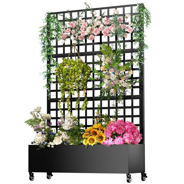 Metal Planter Box with Trellis,72"x47"x16"Galvanized Steel Outdoor Raised Garden Bed with Privacy Screen,with Drainage Holes & Lockable Casters for Climbing Plants,Vines,and Vegetables(Grid-Black)