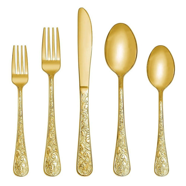 Runfly Vintage Carved Gold Stainless Steel 20 Pieces Flatware Set, Golden Silverware Set, Modern Embossed Cutlery Set Utensils Including Fork Spoon and Knife