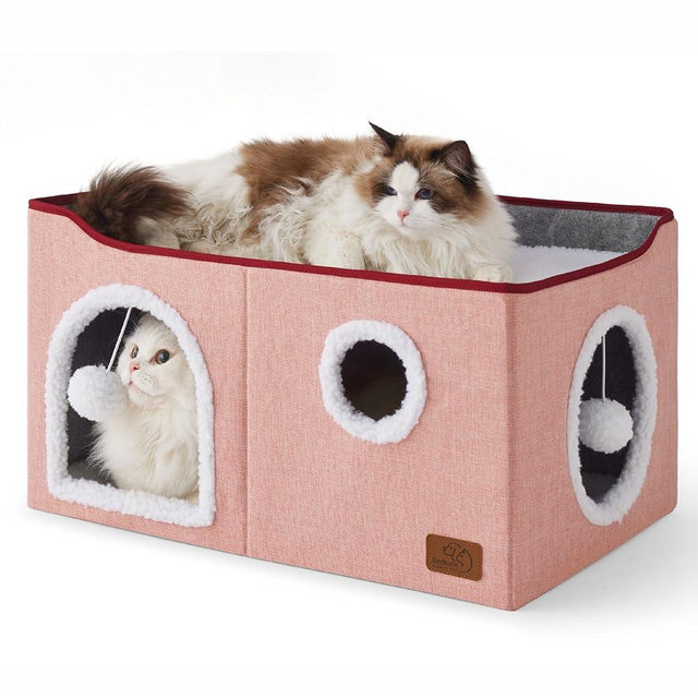 Bedsure Large Cat Beds for Indoor Cats - Extra Wide Cat Cube House for Small Pet with Fluffy Ball Hanging and Scratch Pad, Foldable Pet Cave Hideaway for Multiple Cats, 23.6x16.9x13 inches,Pink