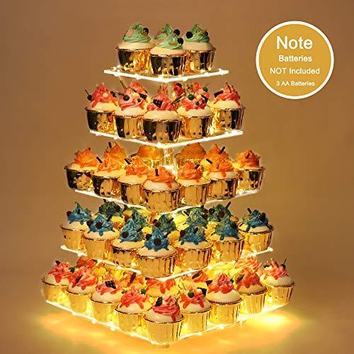YestBuy Cupcake Stand - Premium Cupcake Holder - Acrylic Cupcake Tower Display - Cady Bar Party Décor - 5 Tier Acrylic Display for Pastry + LED Light String - Ideal for Weddings, Birthday Parties