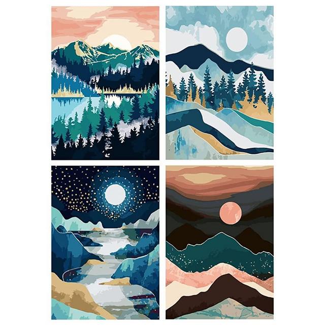 Paint by Numbers for Adults and Kids Beginner, Painting by Number Kits On Canvas, Without Frame DIY Color Landscape Oil Painting Acrylic Paints, Home Wall Decor （4 Pack 12x16 in）