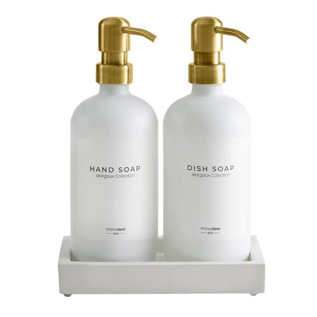 MaisoNovo Glass Soap Dispenser with Pump and Concrete Tray | Vintage Soap Dispenser Bathroom Kitchen Set w. Dish Soap, Hand Soap, Lotion Waterproof Labels | White Bottles with Gold Pumps