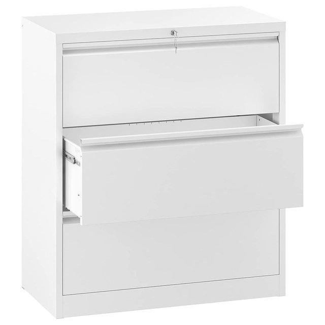 YITAHOME 3 Drawer Lateral File Cabinet with Lock, Metal Stainless Steel Wide Lateral Filing Cabinet for Legal/Letter A4 Size, Office Organizer Storage Cabinet,White