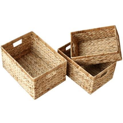 Water Hyacinth Wicker Baskets for Organizing, Rectangular Wicker Baskets with Built-in Handles,3-Pack