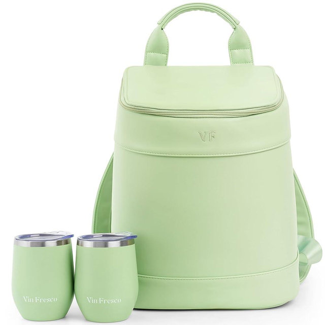 Insulated Cooler Backpack with 2 Stainless Steel Wine Tumblers – Leakproof & Spillproof Stylish Vegan Leather Picnic Cooler Bag – Lightweight & Portable – Holds 24 Cans or 6 Wine Bottles (Green)