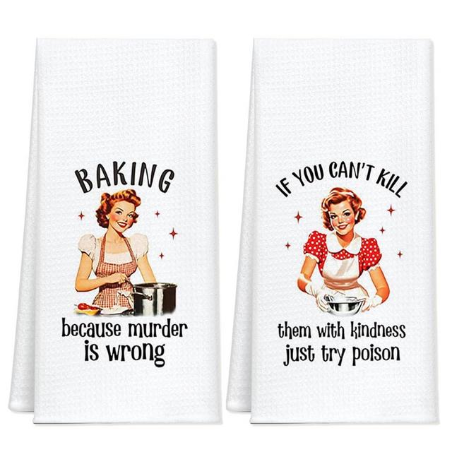 BASGIATH WAR COLLEGE Retro Humor Kitchen Dish Towel Set of 2,Waffle Dish Towel with Vintage Woman Print, 16 x 24 inches, Absorbent Tea Towels for Kitchen,Hand Towel Gift for Women & Friends