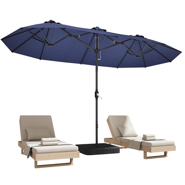 DomeShade 15ft Patio Umbrella with Base,Large Outdoor Double-Sided Rectangle Umbrella with Crank Handle, Market Umbrella for Poolside Garden Deck Backyard Beach Pools, Navy Blue