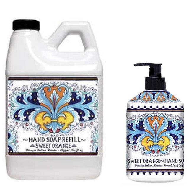 Home and Body Company Italian Deruta Hand Soap Set 22 Ounce Soap with a 64 Ounce Refill Bottle -Sweet Orange