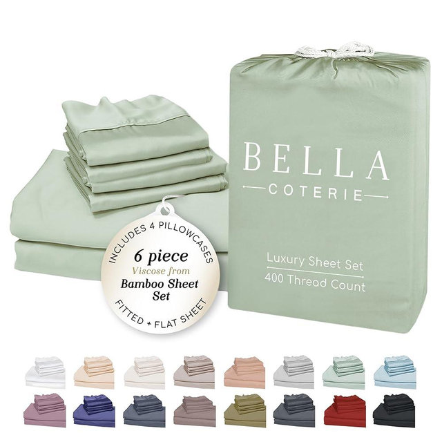 Bella Coterie 6 Piece Luxury Bamboo Viscose King Size Sheet Set | 100% Organically Grown | Cooling for Hot Sleepers | 18" Deep Pocket | Soft & Hypoallergenic | 4 Pillowcases [Sea Glass]