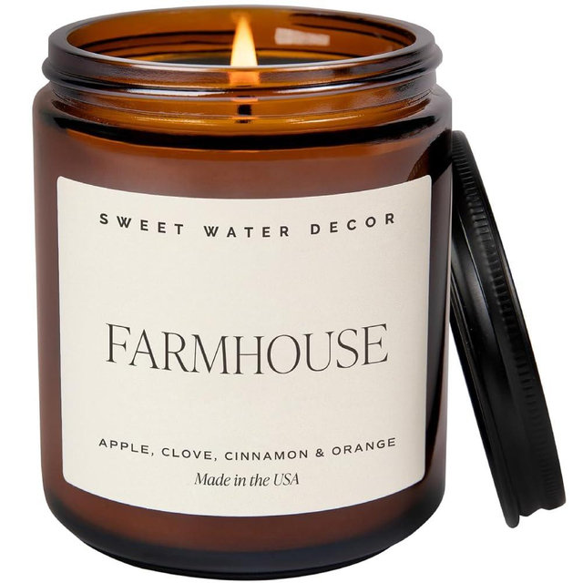 Sweet Water Decor Farmhouse Soy Candle - Apple, Orange, Pumpkin and Clove Scented Fall Candles for Home - 9oz Amber Jar + Black Lid, 40+ Hour Burn Time, Made in the USA