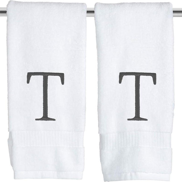Decorvo Dark Gray and White Bathroom Hand Towel - Monogrammed Luxury Hotel Quality Decorative Embroidered Towel for Powder Room, Spa - GOTS Organic Certified - Pack of 2, Letter T