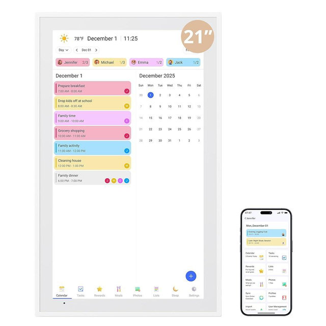 Dragon Touch Digital Calendar 21.5 Inch Touch Screen, Electronic Wall Calendar Chore Chart for Family Monthly/Weekly Planner, Interactive Display for Home Organization, Desk Mount Included - White