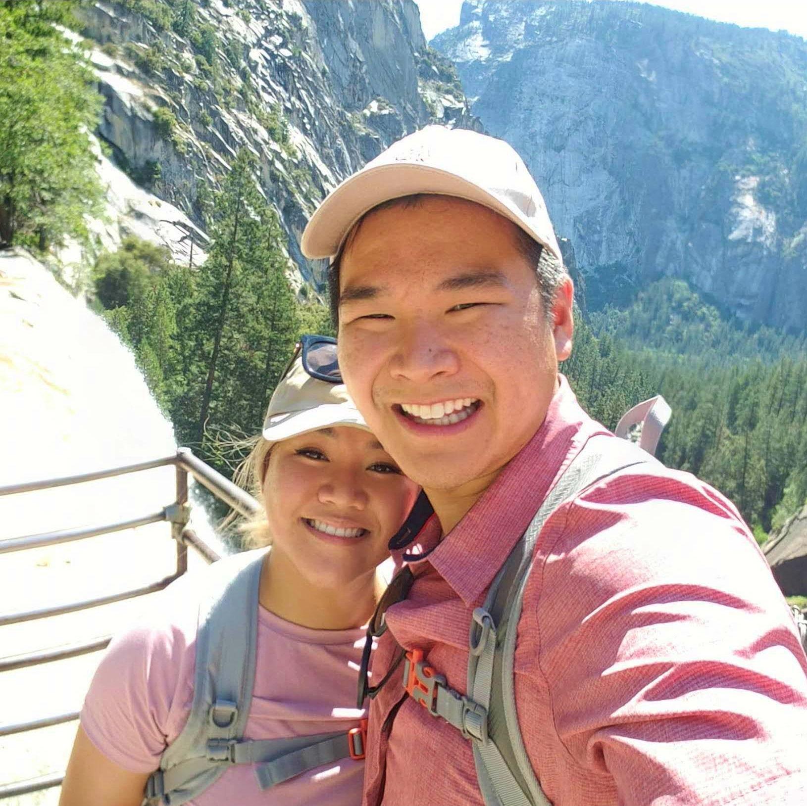 At the top of a mountain overlooking a waterfall in Yosemite.