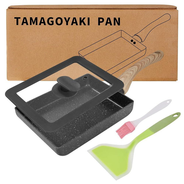 HooJay Japanese Omelette Pan,Nonstick Tamagoyaki Egg Pan,Rectangle Small Frying Pan with Lid,Silicone Spatula & Brush