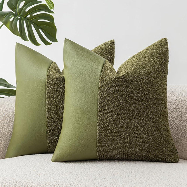 SINYASAN Set of 2 Fluffy Boucle Pillow Covers 18"x18", Forest Green Textured Throw Pillow Covers with Faux Leather Accents, Boho Decorative Pillow Cases for Couch, Bed, or Farmhouse Home Decor