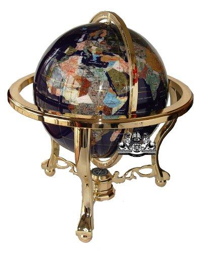 Unique Art 21-Inch Tall Blue Lapis Ocean Table Top Gemstone World Globe with Gold Tripod