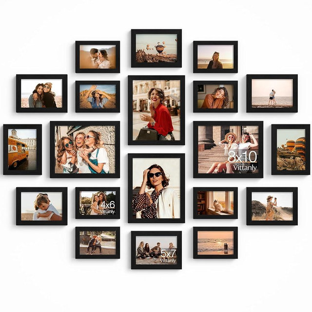 Vittanly 20 Pack Picture Frames Collage Wall Decor, Multi Sizes Including 4pcs 8x10, 8pcs 5x7 and 8pcs 4x6 Photo Frames, Gallery Frame Set for Wall or Tabletop Display, Black