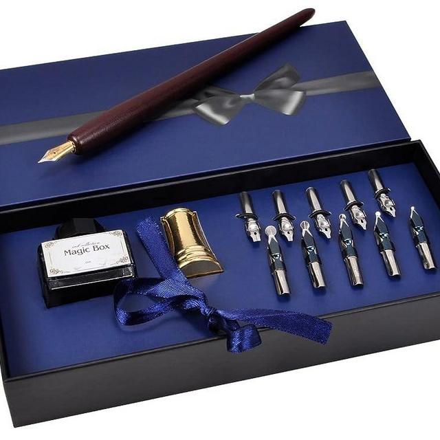 Plotube Wooden Pen Calligraphy Set - Dip Pen Gift Writing Case - Black Ink Bottle & Golden Pen Holder & 11 Nibs and Beginner's Manual